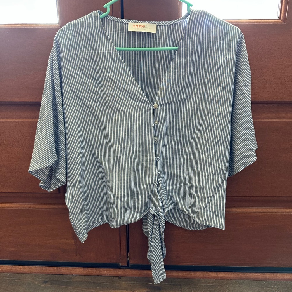 Renee C. Blue Striped Button-Down Blouse